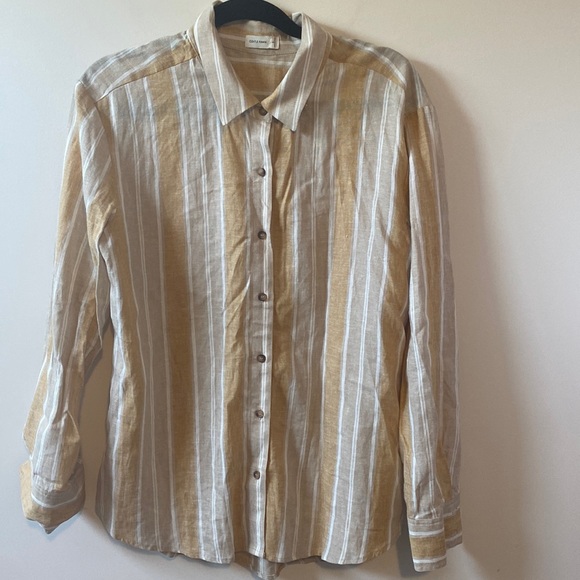 Gentle Fawn Women’s Yellow Mustard Vertical Stripe Button Down Linen Top - Picture 1 of 7